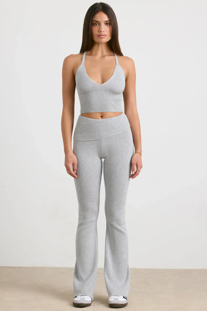 Chunky Knit Foldover Kick Flare Trousers in Grey Marl