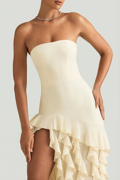Ruffle Trim Strapless Gown in Ivory