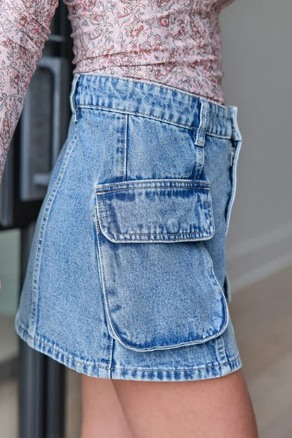 Drew Medium Wash Denim Cargo Skirt