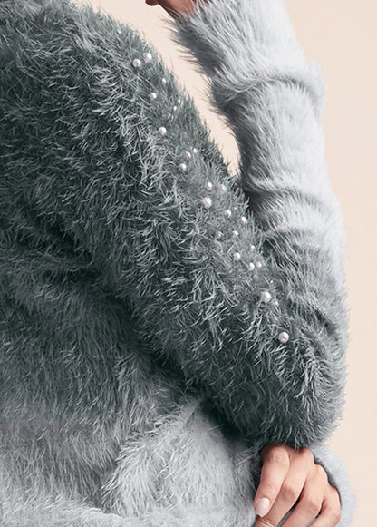 Cozy Pearl Trim Sweater Grey Multi