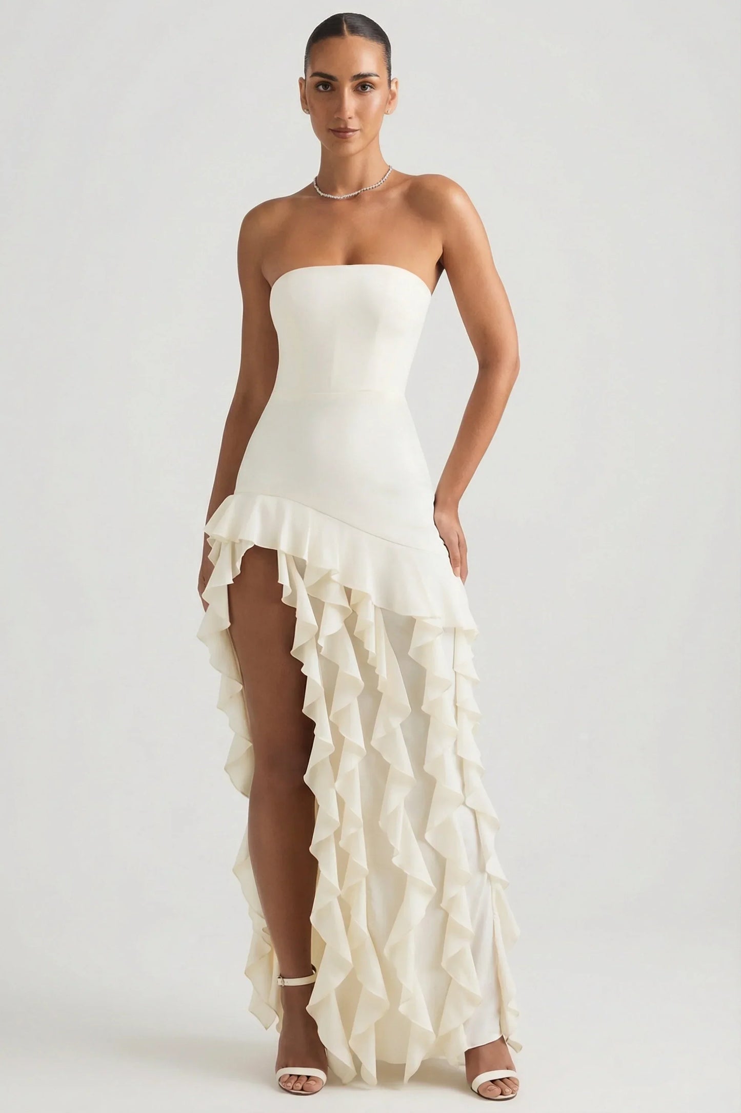 Ruffle Trim Strapless Gown in Ivory