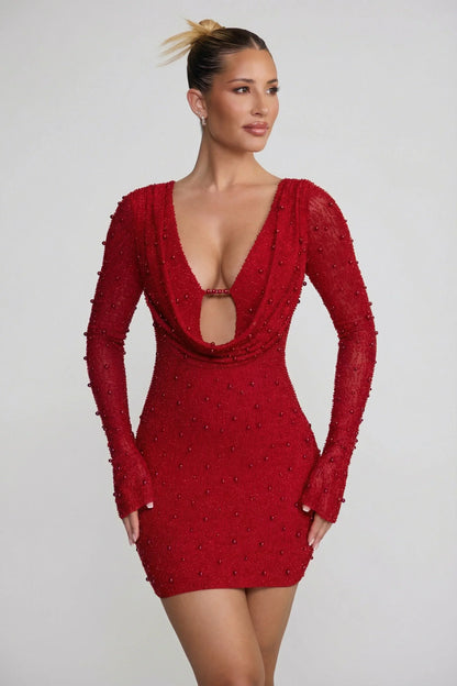 Long Sleeve Deep Plunge Mini Dress in Red