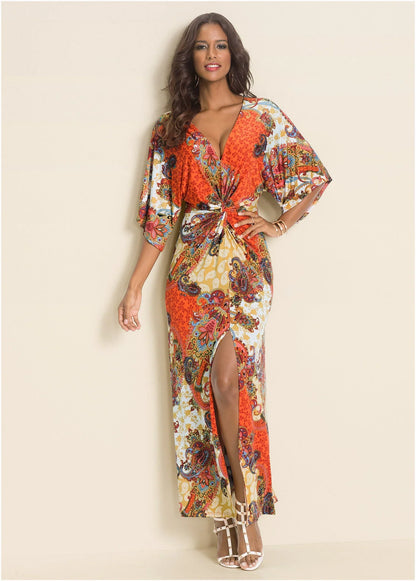 Twist Front Maxi Dress Orange Multi