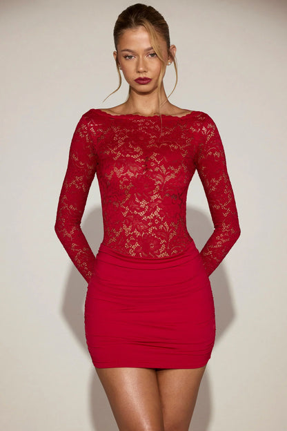 Sheer Lace Boat Neck Mini Dress in True Red