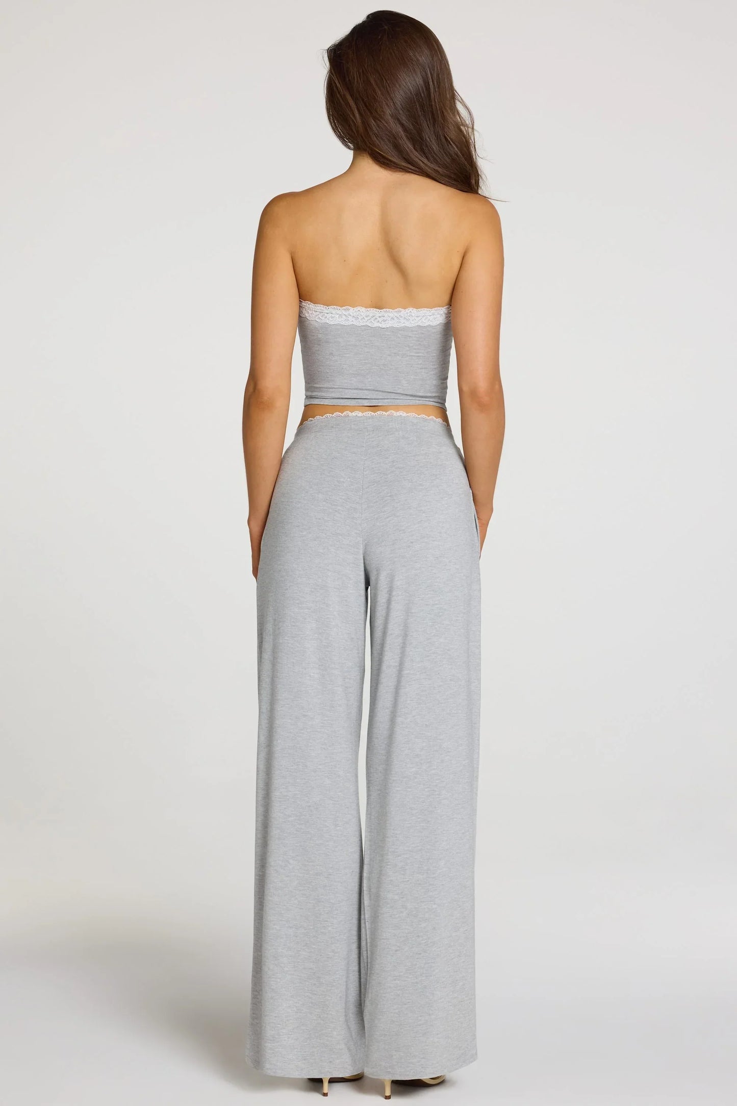 Modal Mid Rise Wide Leg Trousers in Grey Marl