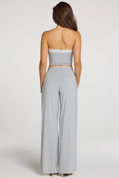 Modal Mid Rise Wide Leg Trousers in Grey Marl