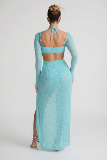 Embellished Cowl Neck Maxi Dress in Aqua
