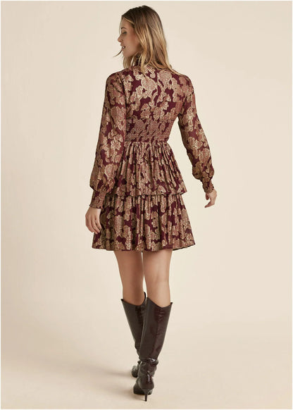 Smocked Waist Jaquard Mini Dress Wine Gold