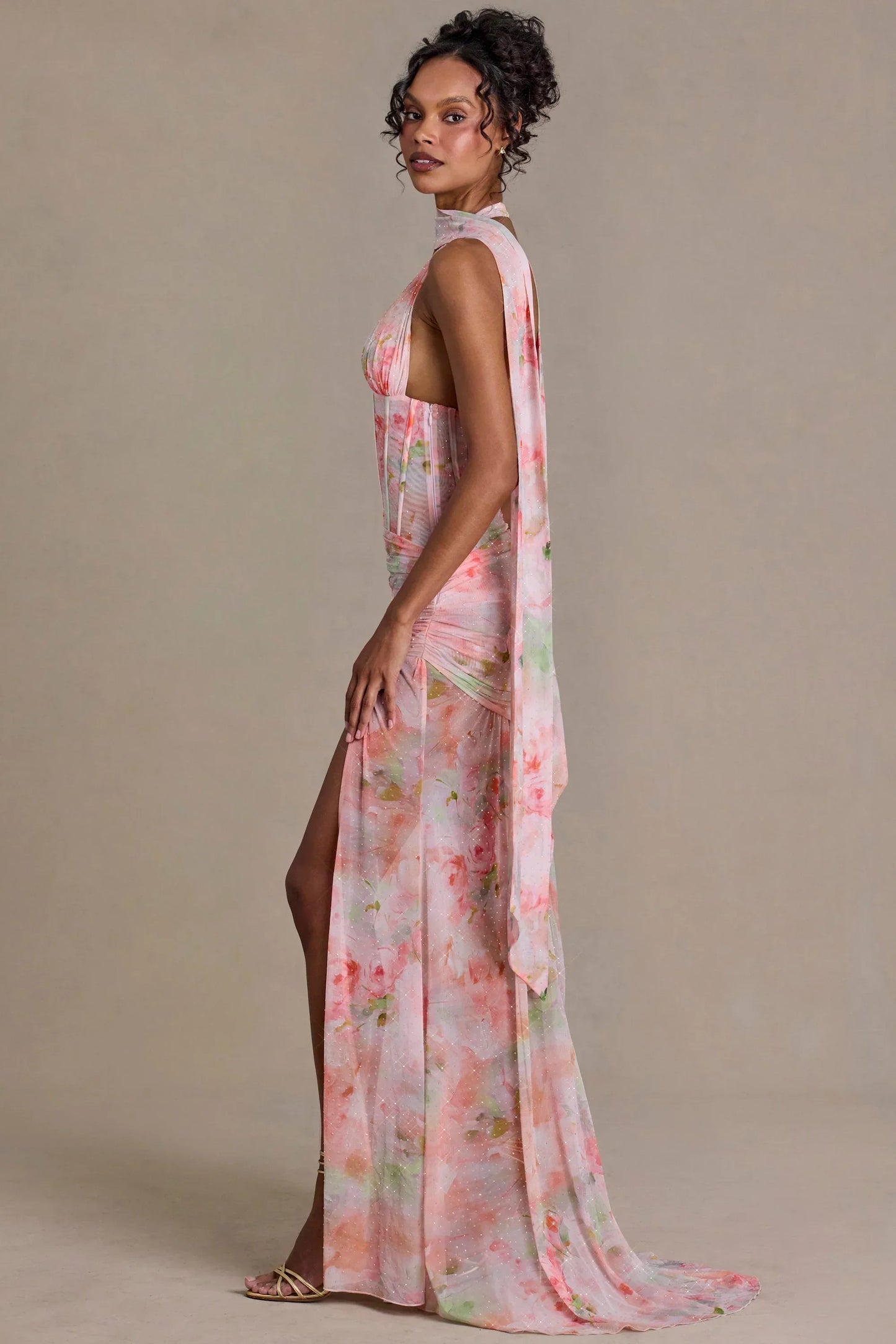 Embellished Scarf Detail Maxi Dress in Pink Floral Print