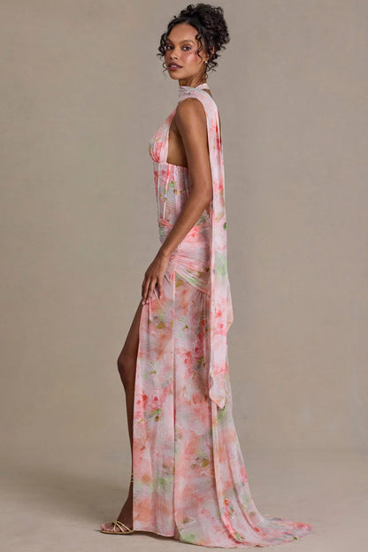 Embellished Scarf Detail Maxi Dress in Pink Floral Print