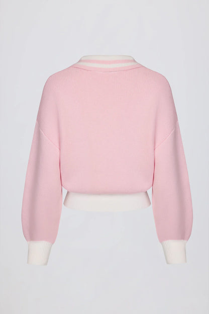 Cotton Jersey Oversized V Neck Jumper in Powder Pink