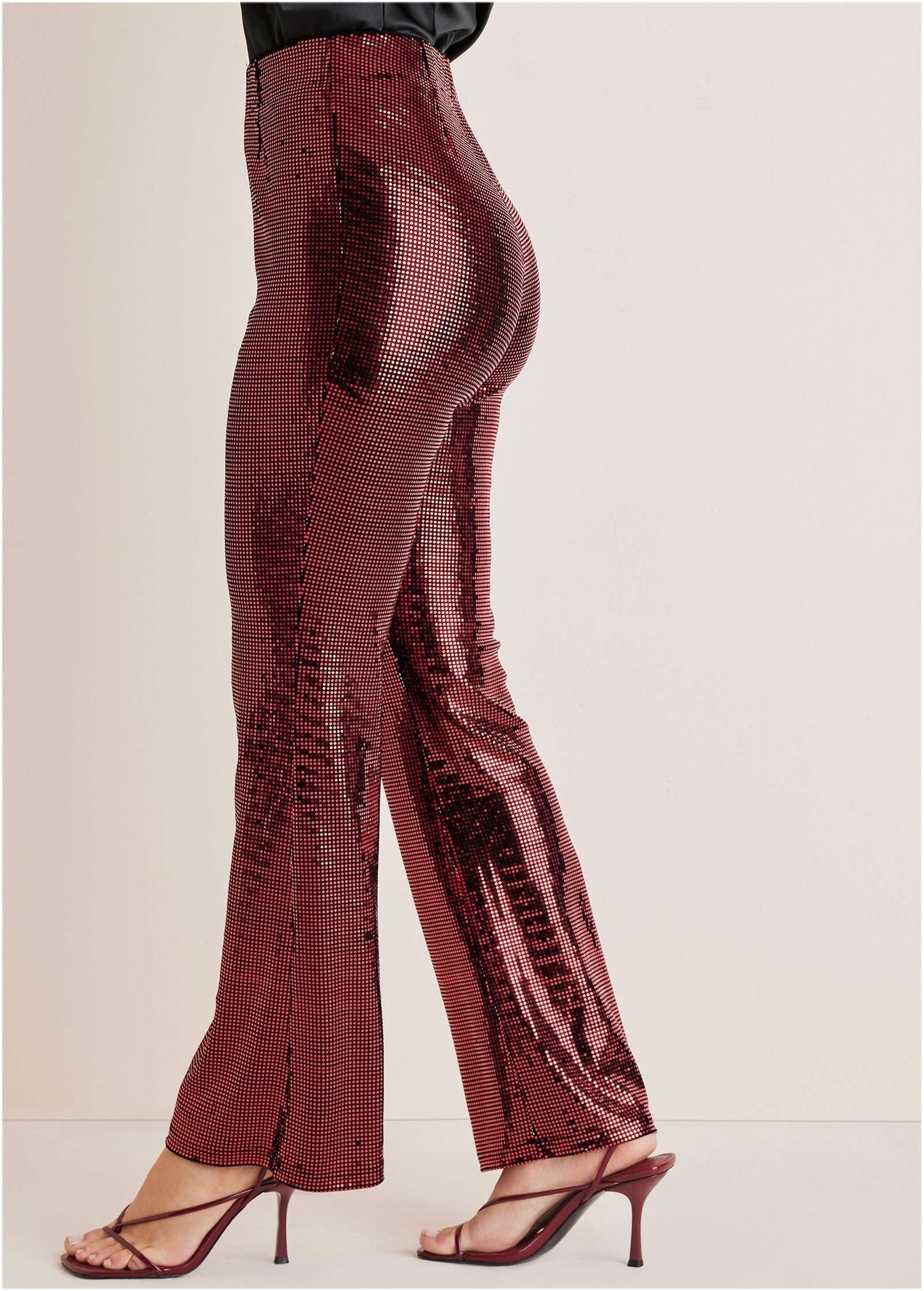 Sequin Flare Leg Pants Red Black