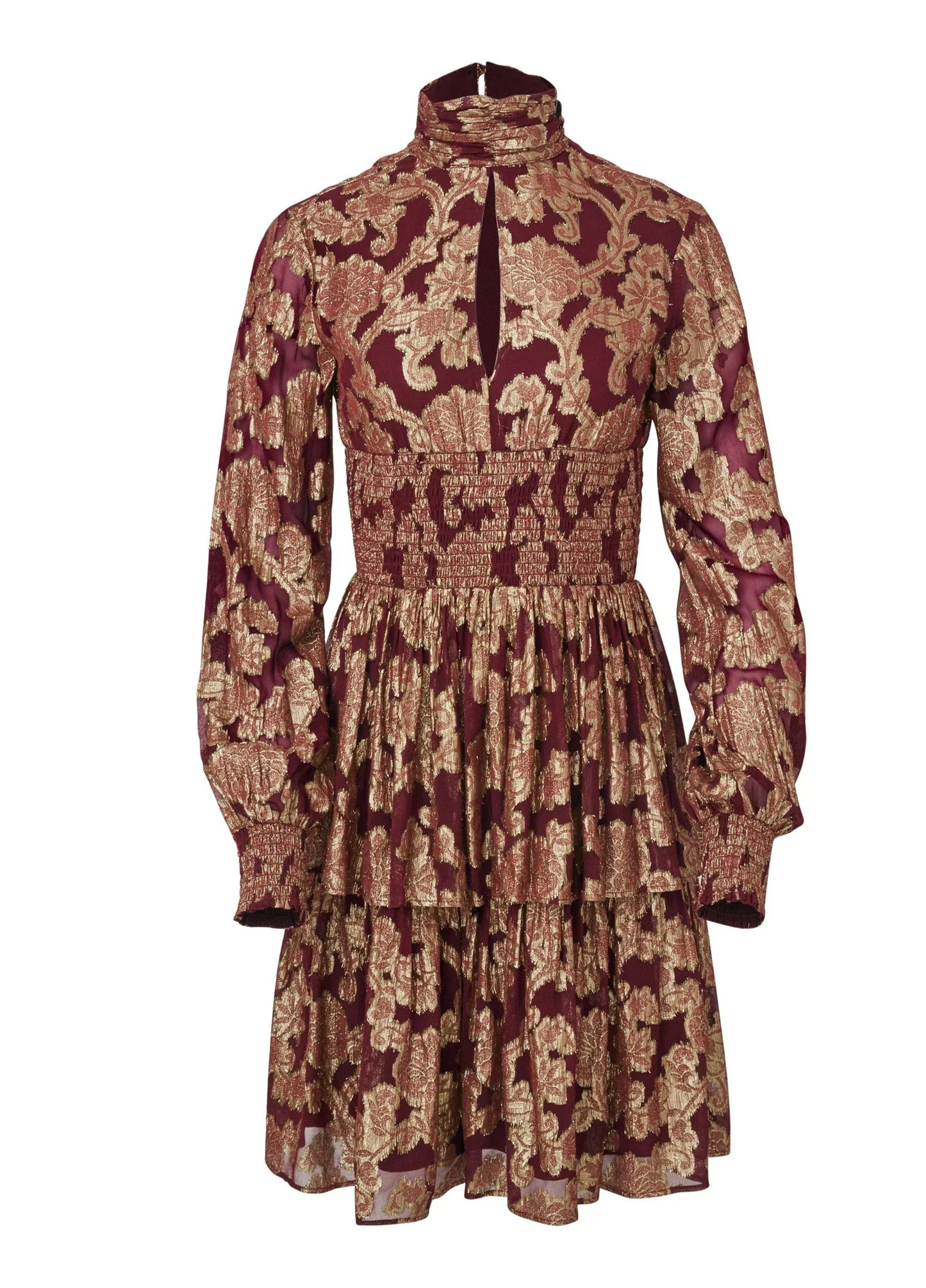 Smocked Waist Jaquard Mini Dress Wine Gold
