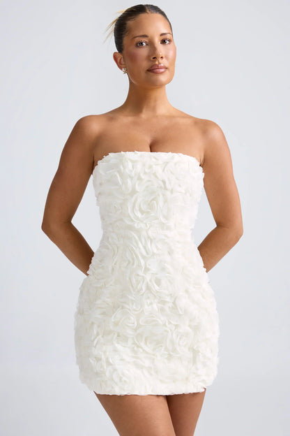 Floral Appliqué Bandeau A Line Mini Dress in White