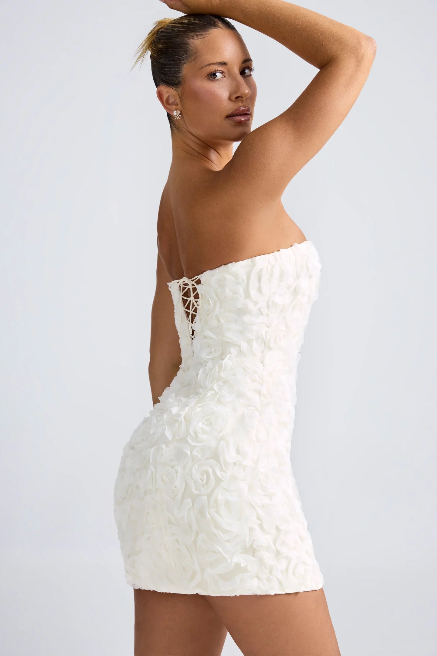 Floral Appliqué Bandeau A Line Mini Dress in White