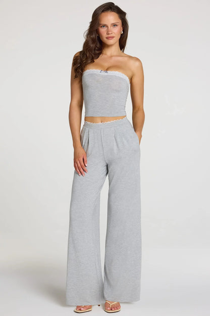 Modal Mid Rise Wide Leg Trousers in Grey Marl
