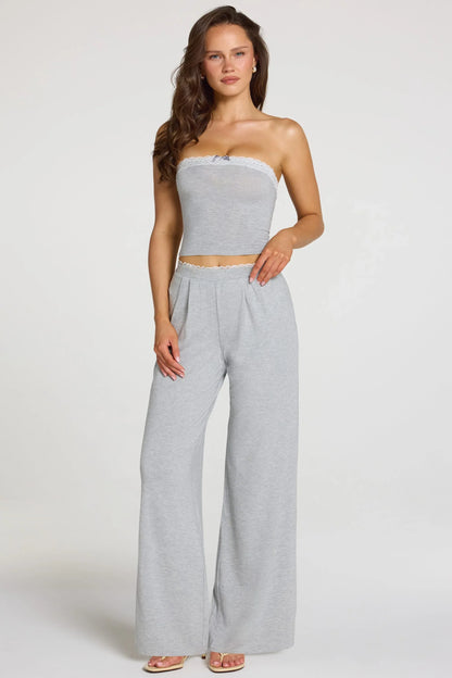 Modal Mid Rise Wide Leg Trousers in Grey Marl