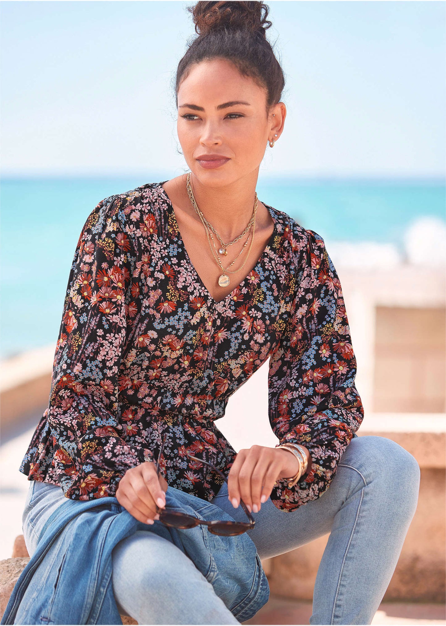 V Neck Peplum Blouse Purple Multi