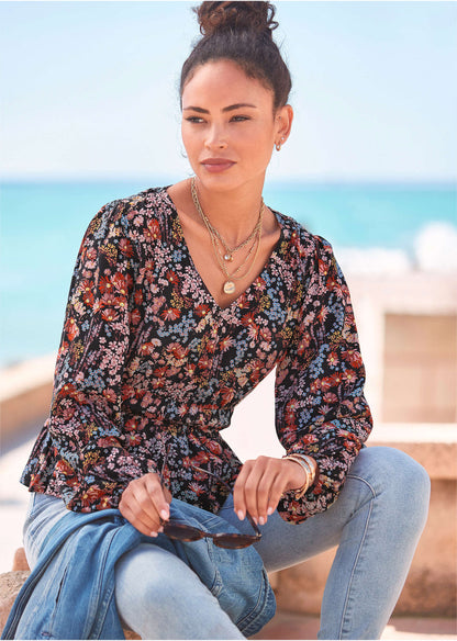 V Neck Peplum Blouse Purple Multi
