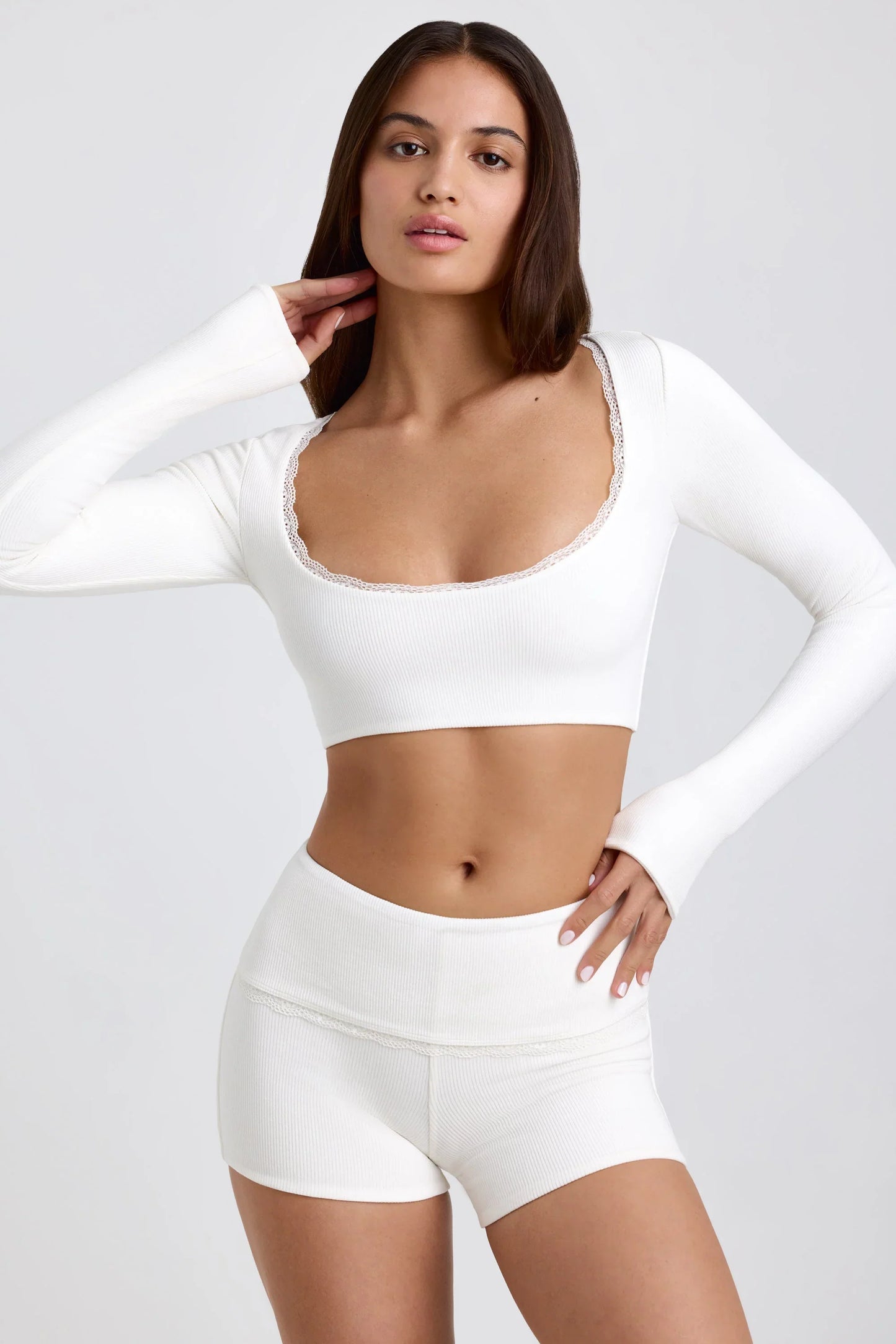 Ribbed Modal Lace Trim Crop Top in White