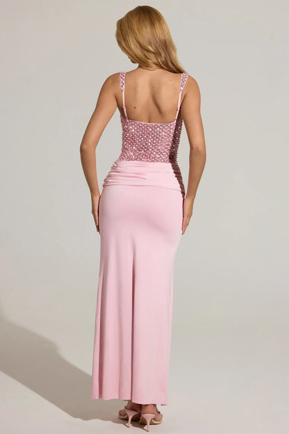 Embellished Corset Maxi Dress in Blush Pink