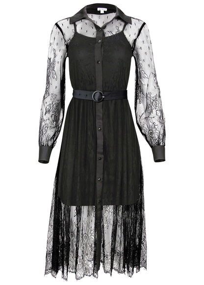 Lace Belted Midi Dress Jet Black