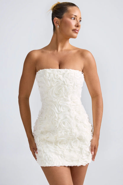 Floral Appliqué Bandeau A Line Mini Dress in White