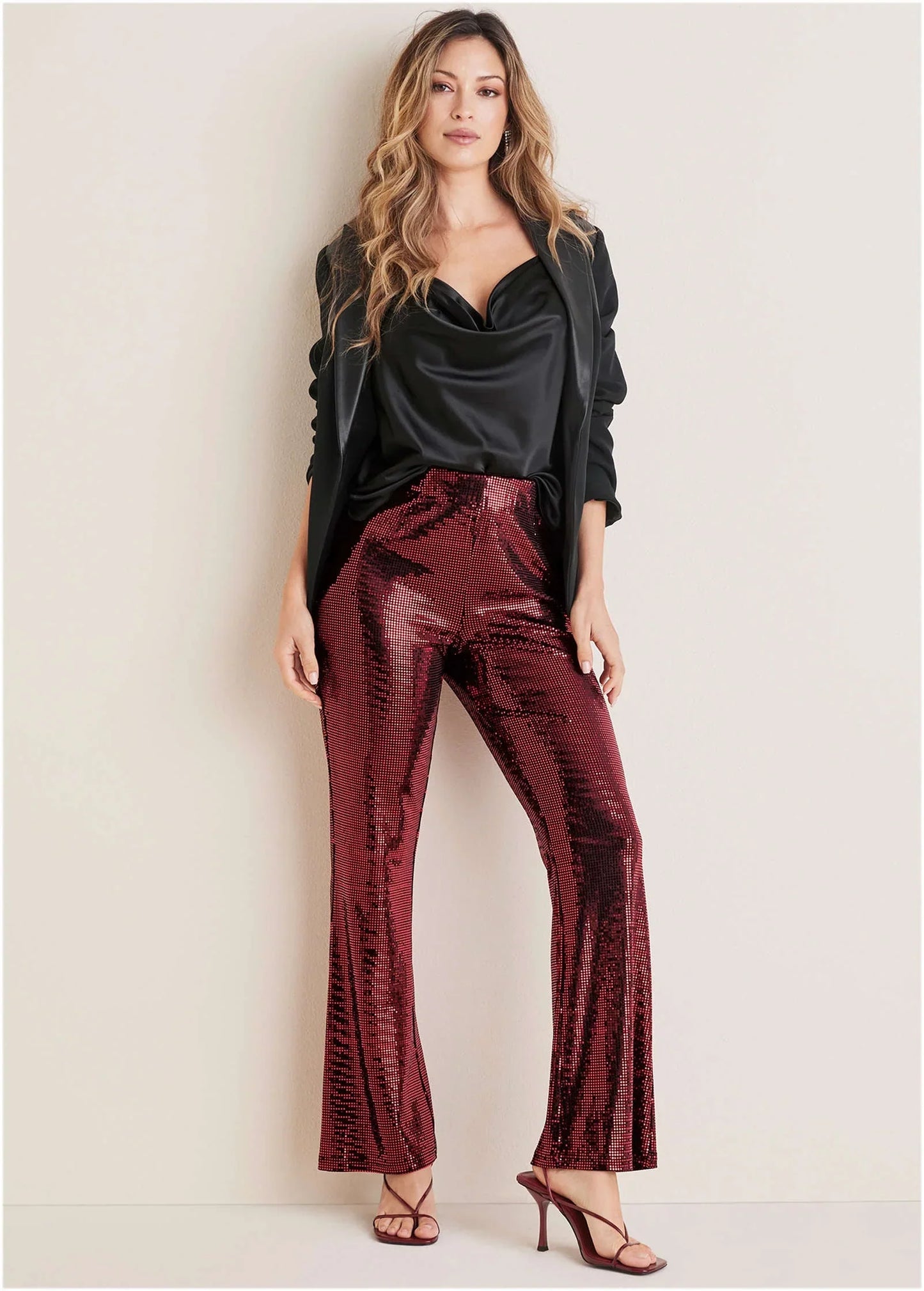 Sequin Flare Leg Pants Red Black