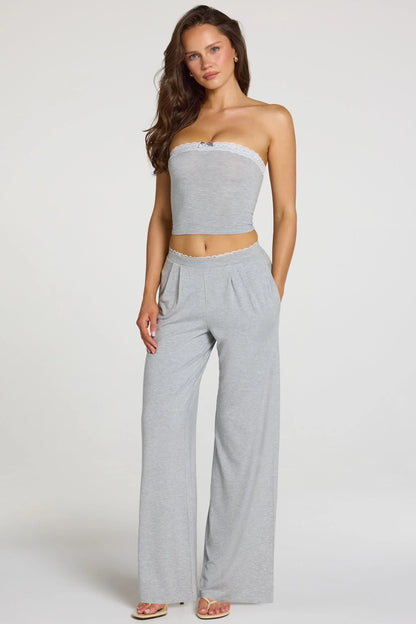 Modal Mid Rise Wide Leg Trousers in Grey Marl