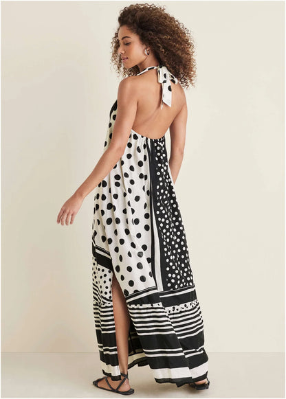 Deep V Halter Maxi Dress Modern Dot Stripe