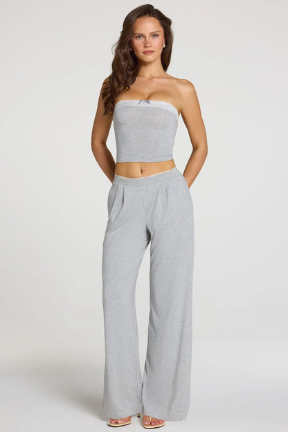 Modal Mid Rise Wide Leg Trousers in Grey Marl