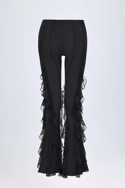 Ruffled Mid Rise Flared Trousers in Black