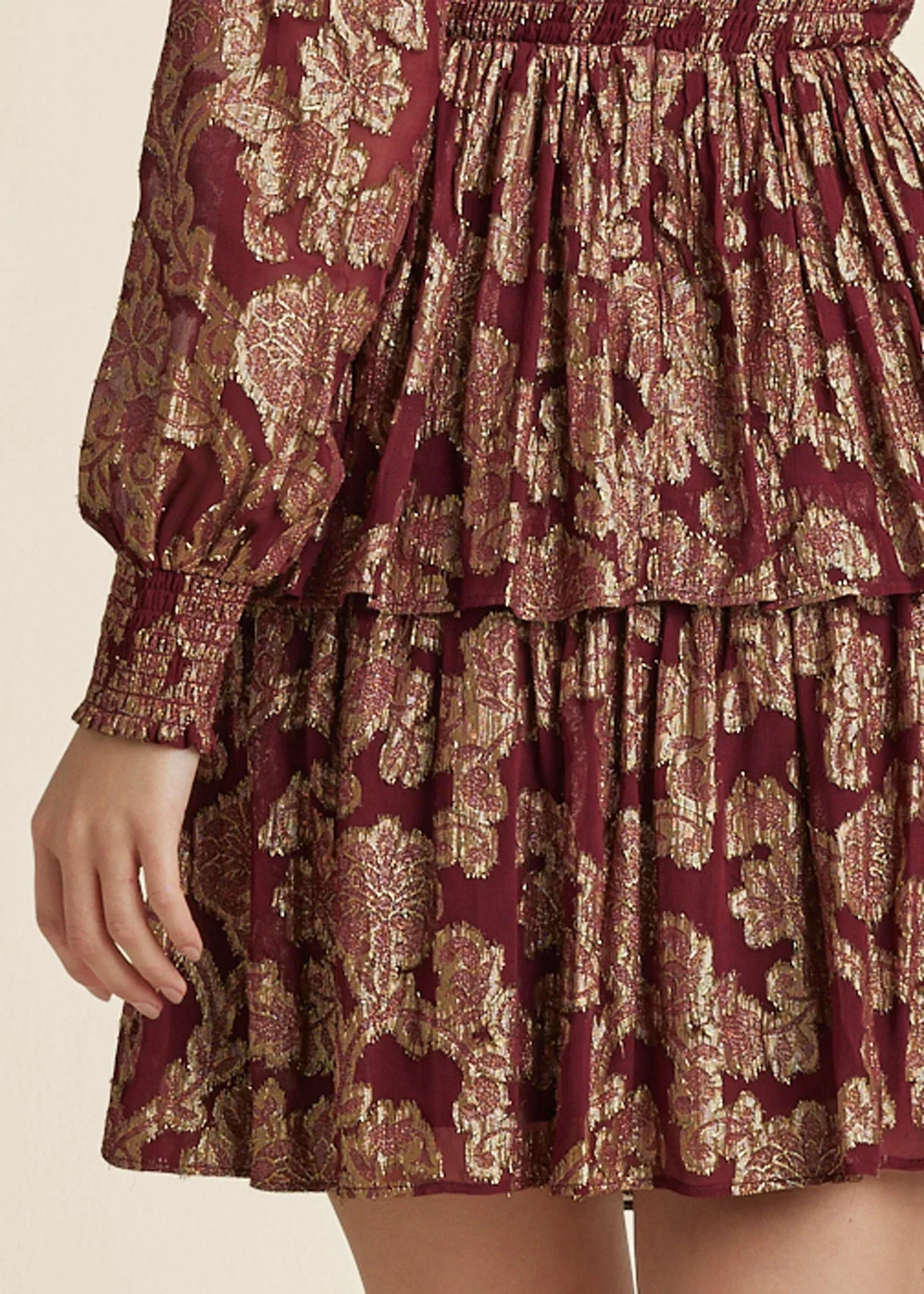 Smocked Waist Jaquard Mini Dress Wine Gold