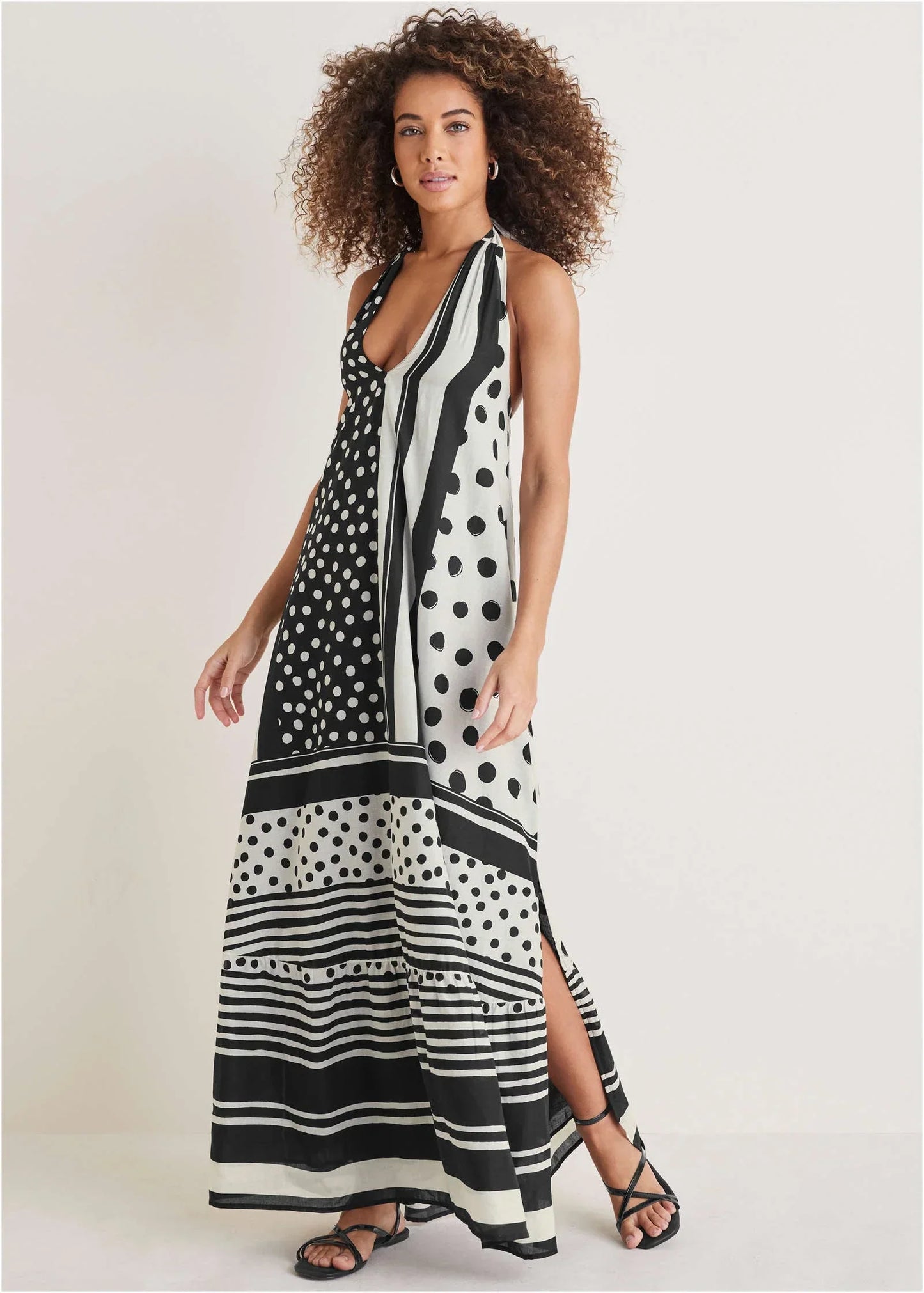 Deep V Halter Maxi Dress Modern Dot Stripe