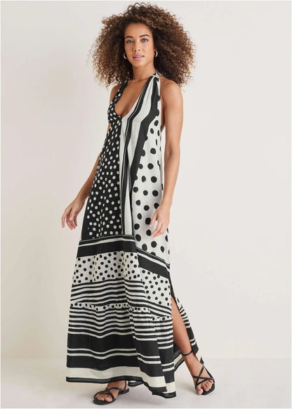 Deep V Halter Maxi Dress Modern Dot Stripe