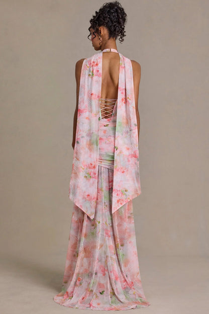Embellished Scarf Detail Maxi Dress in Pink Floral Print