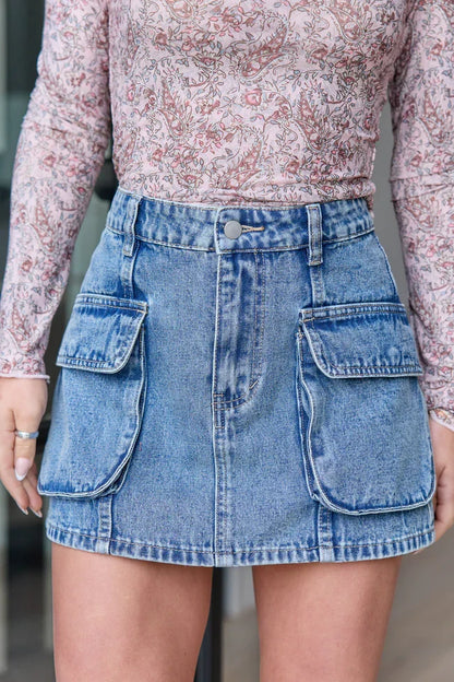 Drew Medium Wash Denim Cargo Skirt
